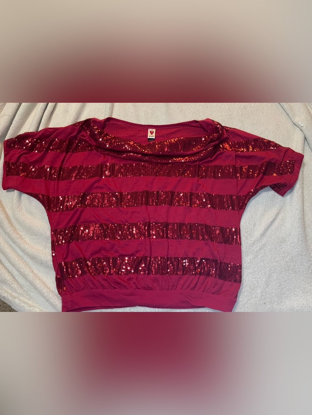 Red Sequin Stripe Short Women’s Quarter Sleeve Blouse Love Rocks L